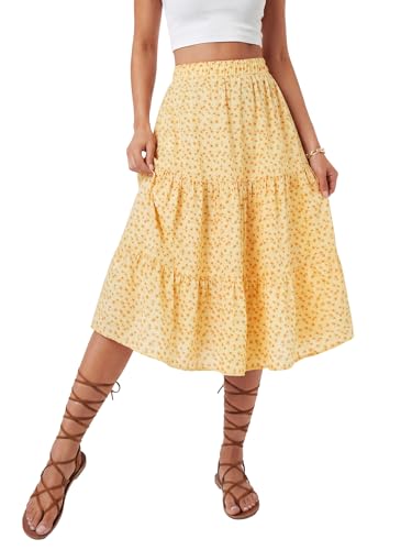LYANER Women's Floral Print High Waisted A Line Tiered Ruffle Boho Swing Midi Skirts with Pockets Light Yellow Floral Print Small