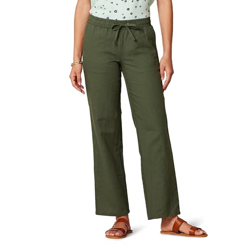 Amazon Essentials Women's Pull On Linen Blend Drawstring Relaxed Fit Wide Leg Pant, Dark Olive, Medium