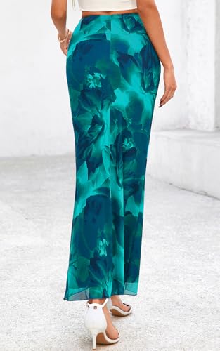 PRETTYGARDEN Women's Floral Print Mesh Long Skirt High Waisted Bodycon Fishtail Flowy Summer Maxi Skirts for Women Trendy (Floral Lake Blue, Medium)