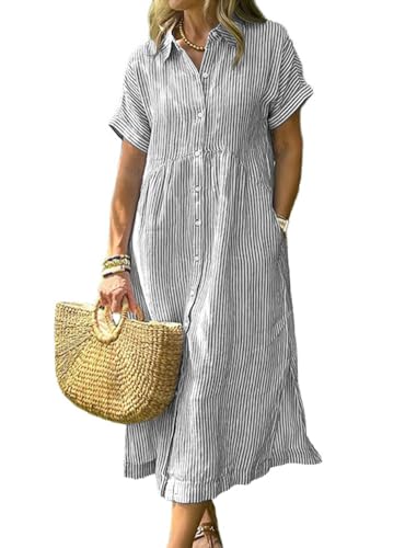 chouyatou Women's Summer Striped Midi Long Shirt Dress Casual Loose Short Sleeve Button Down Dress