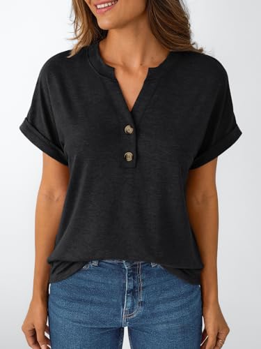AUTOMET Women's Short Sleeve Shirts Henley Dressy Casual Summer Tops 2026 Spring Fashion Blouses Trendy Cute T-Shirts Business Work Outfits Clothes Black XL