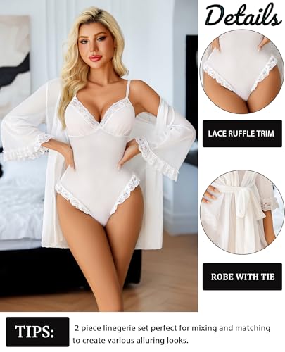 Avidlove Women's Lingerie Sets Sexy Body Suits Lace Robe Set 2 Piece Kimonos Teddy Mesh Sleepwear Nighty White M
