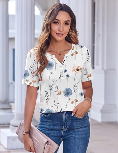 Zeagoo Dressy Tops for Women Short Sleeve Summer Outfits Loose Fit V Neck T Shirts Fall Dressy Blouses Floral White
