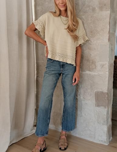 Yeokou Womens Short Sleeve Sweater Round Neck Ruffled Hem Knit Crochet Pullover Summer Fall Casual Top Blouse(Khaki-M)