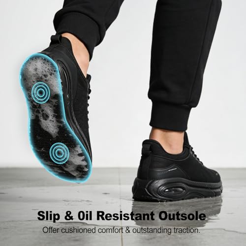 PEAKVIP Wide Non Slip Work Shoes for Men with Arch Support Cushioned Food Service Orthopedic Sneakers Slip on Waterproof Oil Resistant Chef Walking Footwear for Kitchen Restaurant Black US 10