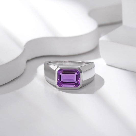 FYBIOD 10K 14K 18K Gold Mens 4 Carat Emerald Cut Amethyst Engagement Wedding Ring Emerald Cut Amethyst Anniversary Pinky Rings for Men Size 11