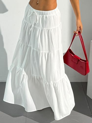 DERAX Women's Boho Flowy Maxi Skirts Elegant Flared Ruffle Hem Elastic High Waisted Summer Fall A Line Long Skirts White S