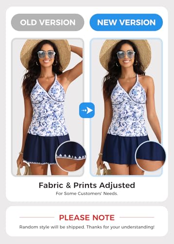 ROSEWE Two Piece Tankini Swimsuits for Women, Tummy Control Bathing Suit with Skirt, V-Neck Swimdress Navy Blue