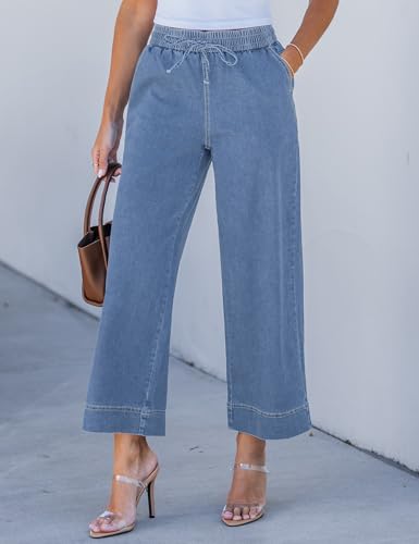 luvamia 26 Inch Inseam Womens Wide Leg Jeans Denim Pants for Women Denim Elastic Waist Pants for Women Cody Blue Medium Fits Size 8 / Size 10