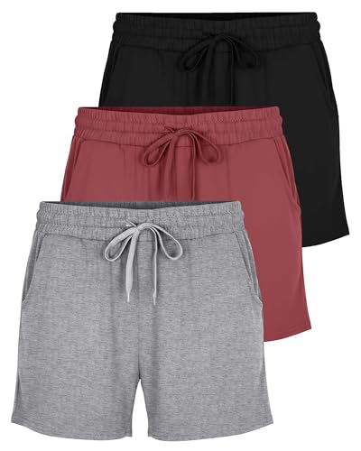 Real Essentials 3 Pack: Womens Ultra-Soft Athletic Lounge Casual Sweat Shorts with Pockets, Set 2, L, Pack of 3