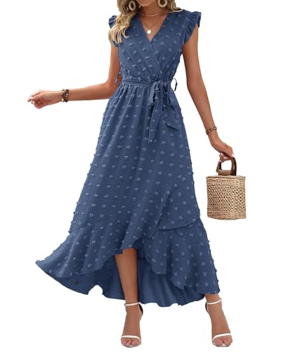 BTFBM Boho Dresses for Women 2026 Summer Fashion Cap Sleeve Swiss Dot Flowy Ruffle Beach Wedding Cocktail Maxi Dress(Blue, Large)