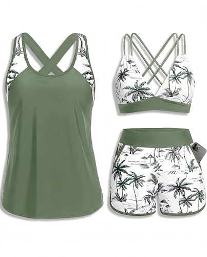 Daci Green Palm Tree Women 3 Piece Tankini Swimsuits - Tummy Control Tank Top with Bra Modest Bathing Suit with Pockets Boyshorts Bottom 2026 L