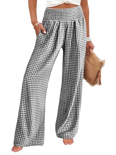 ANRABESS Womens Palazzo Pants, Striped & Gingham, Lounge & Casual, Cute Pajama Pants, Wide Leg, High Waisted, Pockets Black White Plaid Large