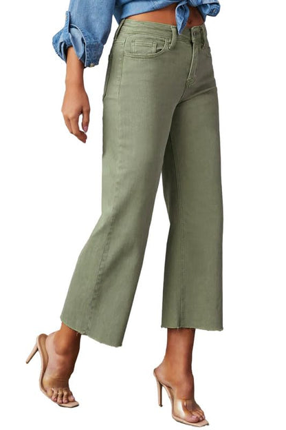 Allimy Women's High Waisted Straight Ankle Wide Leg Ripped Jeans Frayed Hem Stretchy Capri Denim Pants Olive Size 4