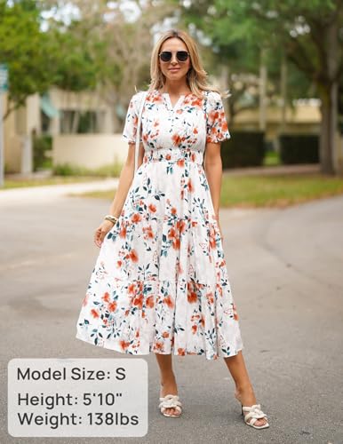 ZESICA Women's 2026 Summer Spring Floral Boho Maxi Dresses Casual Short Sleeve V Neck A Line Flowy Beach Vacation Dress Ivory Medium