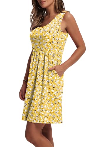 WIHOLL Summer Dresses for Women 2026 A Line Sleeveless Spring Dresses for Women Casual Cute Beach Vacation Clothes Fashion Floral Dress Sundresses with Pockets Womens Sun Dress Yellow M