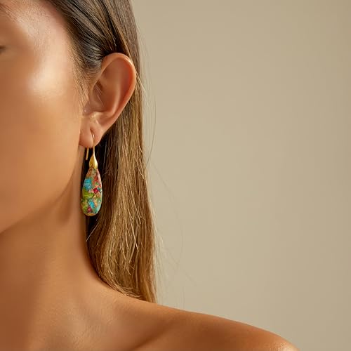 Sriomu Natural Healing Stone Fishhoop Dangle Drop Earrings Statement Gold silver earrings