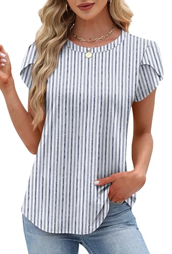 Blouses for Women Buinsess Casual Outfits Spring Tops Womens Clothes Trendy 2026 T Shirts for Women Dressy Tops Cap Sleeve Vacation Outfts Blue Stripes S