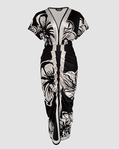 CHICME Summer Dresses for Women Floral Print Plunge V Neck Midi Dress Casual Ruched Slit Bodycon Party Dress