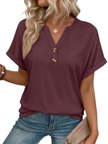 AUTOMET Womens Spring Tops 2026 Short Sleeve Shirts Henley Dressy Casual Blouses V Neck Fashion Tunics Trendy Flowy Clothing Burgundy L