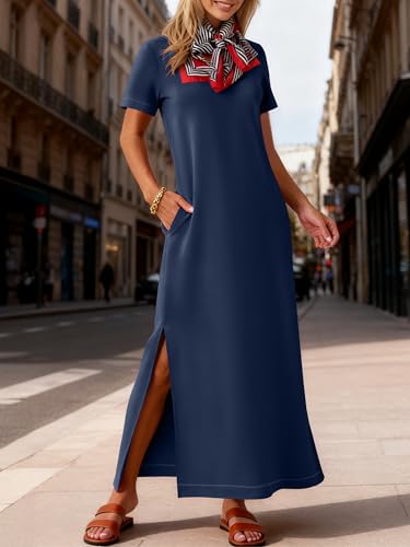 ANRABESS Womens Summer Casual Maxi Dress Short Sleeve Crewneck Split Wrinkle-Free Travel Long Sundress Beach Vacation Clothes Navy Blue Medium