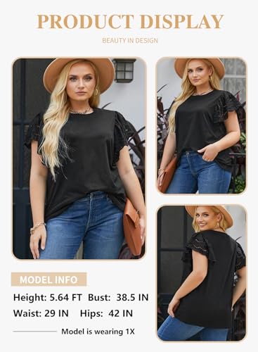 Eytino Womens Plus Size Hollow Out Ruffle Short Sleeve Crewneck Shirts Tops Summer Fashion Tees,3X Black