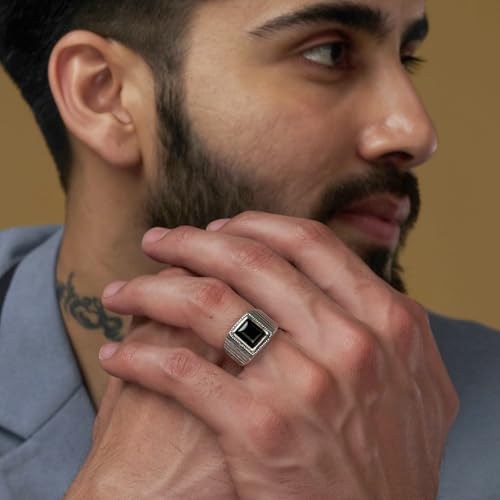 LeCalla Men's Black Onyx Ring in 925 Sterling Silver | Vintage Silver Rings for Men | Signet Ring Gift for Men | Ring Size - 8 No.