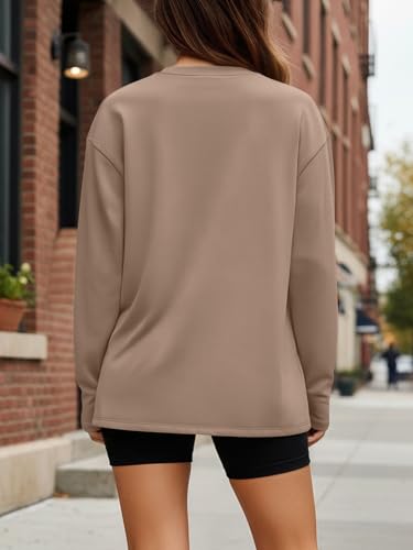 Trendy Queen Womens Spring Tops Oversized Long Sleeve T Shirts 2026 Basic Tee Fall Casual Workout Y2K Clothes Khaki XL
