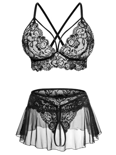 CRIPOM Lingerie Sets for Women Lace Bralette, Mini Skirt with G-String Lingerie Set Black L
