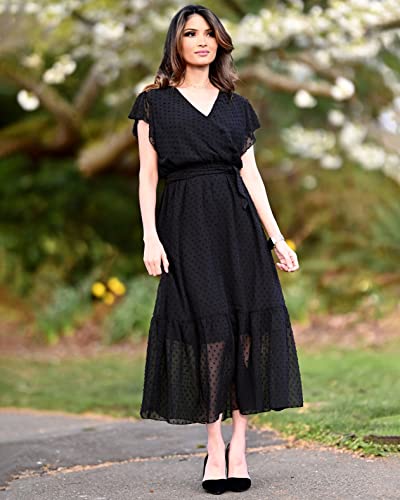 BTFBM Women Summer Bohemian Floral Casual Wrap V Neck Ruffle Cap Sleeveless Belt A-Line Pleated Hem Swing Midi Sun Dress (Swiss Dot Black, l)