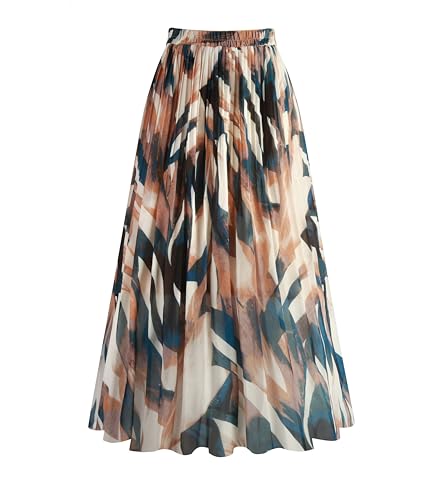 Kingfancy Women's Pleated Skirt Chiffon Elastic Waist A-Line Midi Length Skirt Blue Leaves M