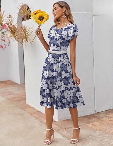 Zeagoo Boho Summer Dresses for Women 2026 Plus Size Midi Dress with Pockets Casual Floral Boho Dress, Deep Blue Flower,XXL