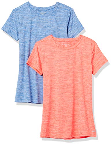 Amazon Essentials Women's Active Quick Dry Tech Stretch Short-Sleeve Crewneck T-Shirt, Pack of 2, Coral Orange Space Dye/Light Blue Space Dye, X-Large