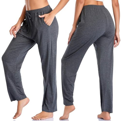 Envlon Women's Yoga Pants with Pockets Comfy Stretch Loose Wide Leg Casual Pants Breathable Running Workout Lounge Pants (Dark Grey, Large)