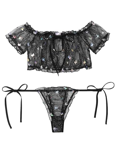 Avidlove Bra and Panty Set Ruffle Lingerie Set Mesh Babydoll Chemise Colorful Batterfly