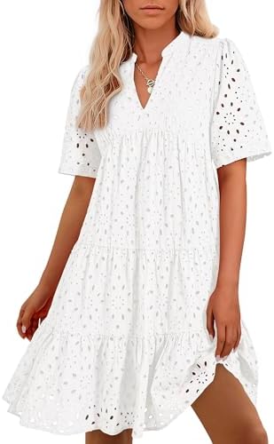Easter Dress Women - BTFBM Womens Boho Summer Dresses 2025 Resort V Neck Short Sleeve Hollow Out Lace Ruffle Casual Beach Mini Vacation Dress