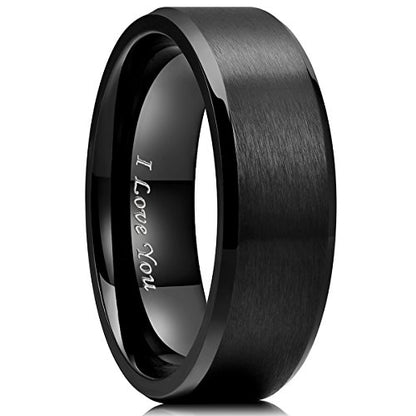 King Will 316L Stainless Steel Wedding Ring for Men Women- 8mm Width Black Wedding Band Laser I Love You Matte Finish Style Comfort Fit Size 10