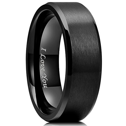 King Will 316L Stainless Steel Wedding Ring for Men Women- 8mm Width Black Wedding Band Laser I Love You Matte Finish Style Comfort Fit Size 10