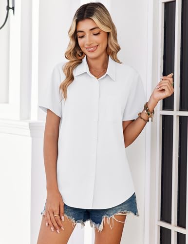 Zeagoo Blouses for Women Short Sleeve Tops Business Button Down Shirt Casual Vneck Work Outfits Dressy Collared Basic Clothes White
