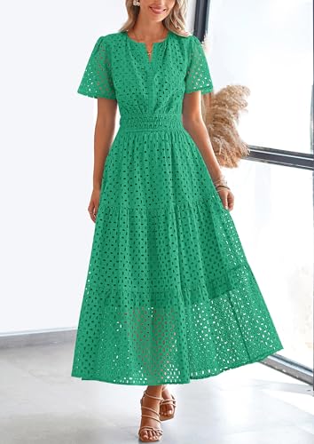 PRETTYGARDEN Womens 2025 Summer Maxi Dress Short Sleeve V Neck Hollow Out Eyelet A Line Long Flowy Beach Vacation Dresses (Green,Large)