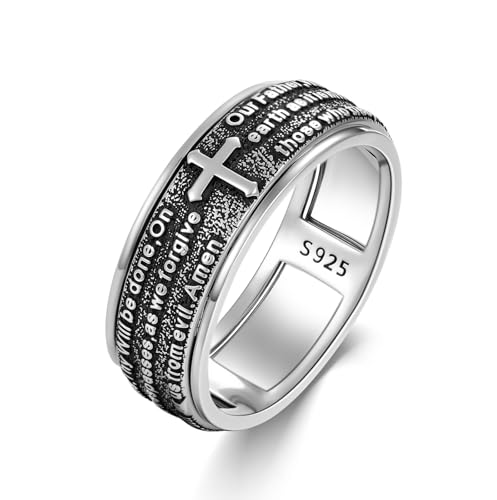 Lattd Cross Ring for Men 925 Sterling Silver Our Father Prayer Spinner Band Rings Size 11 Christian Jewelry for Dad Husband