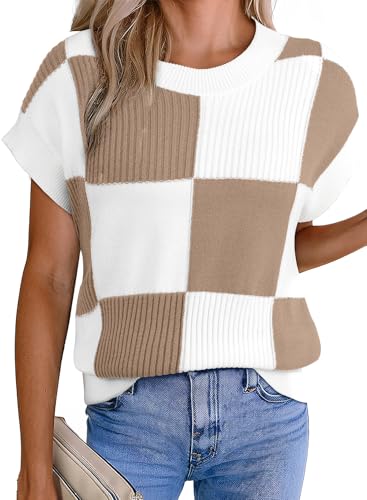 EVALESS Fall Sweaters for Women 2026 Round Neck Short Sleeve Sweater Vests Trendy Color Block Knit Cap Sleeve Blouses Tops Womens Spring Winter Fashion Clothes Khaki Plus Size XX-Large