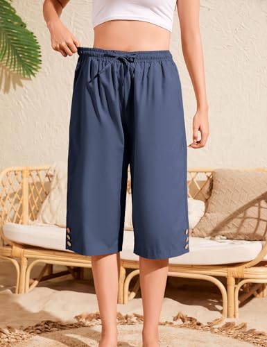 WROLEM Women’s Casual Capris Loose High Waist Elastic Drawstring Pants with Pockets Lightweight Button Trim Trousers Navy