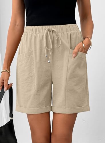 SHEWIN Women's Shorts Casual Bermuda Shorts for Women Lightweight High Waisted Knee Length Line Short Pants with Pockets,L,Apricot