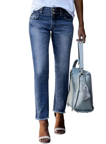 Sidefeel Women's High Waisted Tummy Control Jeans Trendy 2025 Straight Leg Raw Hem Denim Pants Sky Blue Size 18