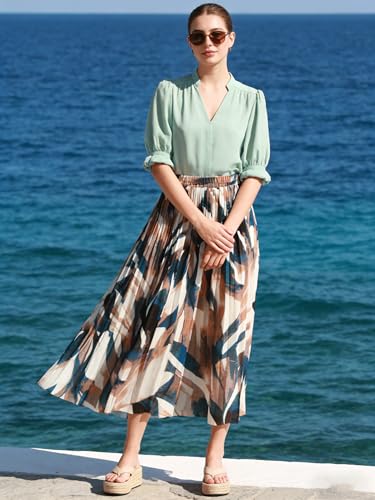 Kingfancy Women's Pleated Skirt Chiffon Elastic Waist A-Line Midi Length Skirt Blue Leaves M