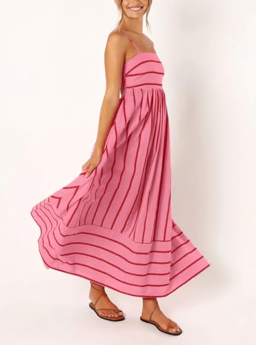 chouyatou Women's Striped Back Smocked Maxi Dress Sexy Spaghetti Strap Cut Out Flowy Swing Long Dress (Medium, Watermelon Red)