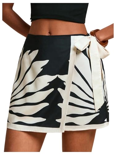 MakeMeChic Women's Summer Boho Wrap Mini Skirt Beach Vacation Short Skirts Leave Print Black Medium
