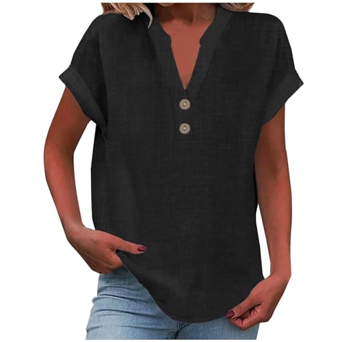 Premium Brand Deals Spring Break Clothes Linen Shirt for Women 2025 Summer Button Down Short Sleeve V Neck Tops Solid Color Comfy Blouses Casual Dressy Tunic Tshirt Black
