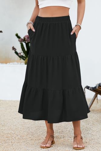 YSYOKOW Women's Boho Maxi Skirt with Pockets - Elastic High Waist Flowy Tiered A-Line Long Skirts for Summer Vacation 2026(Black, Large)